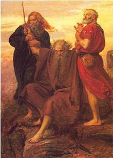« Victoire, Seigneur! » (par John Everett Millais 1871) - Moïse levant les bras à la bataille de Rephidim, assisté de Hur et Aaron - Domaine public
