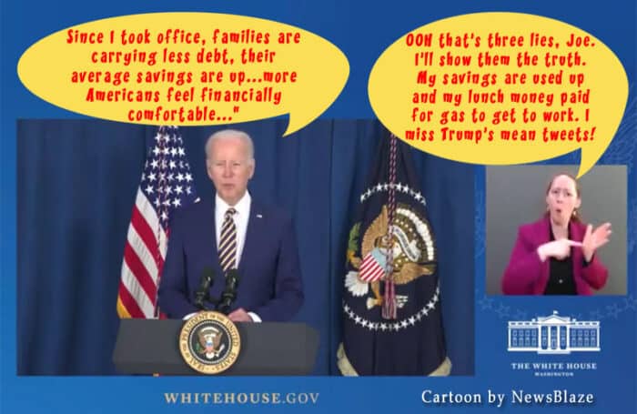 le téléprompteur Biden dit des mensonges à la Maison Blanche. Dessin animé NewsBlaze