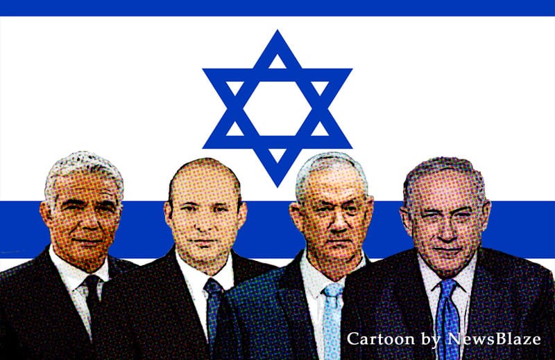 JCPOA et Yair Lapid, Naftali Bennett, Benny Gantz et Benjamin Netanyahu. Dessin animé par NewsBlaze.
