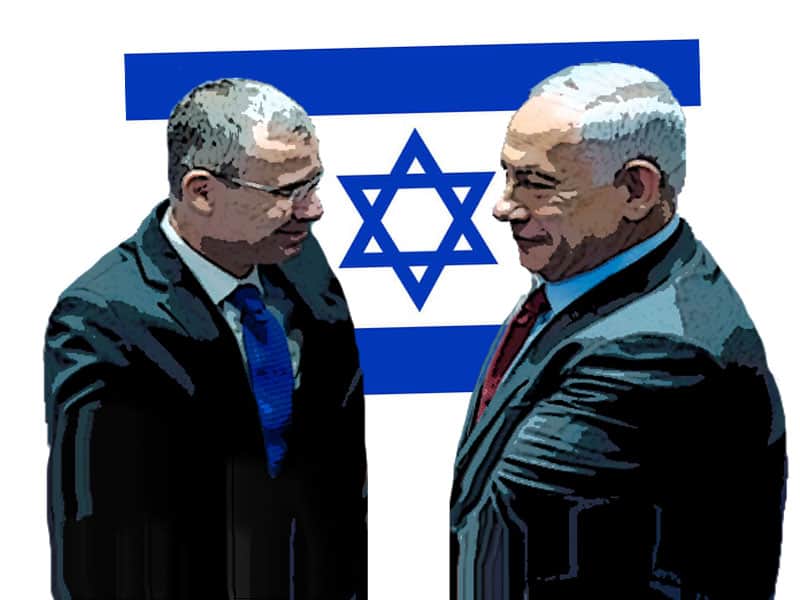 Yariv Levin et Benjamin Netanyahu avec drapeau. Caricature de NewsBlaze.