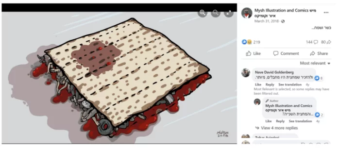 Ici, CNN, un média mondial américain, a publié dans un article de janvier 2023 une caricature antisémite représentant la fête juive de la Pâque juive pain sans levain - Maza imbibé de sang de non-juifs, qui sont pris en sandwich entre les deux couches, empruntant une telle diffamation à des siècles de diffamations de sang antisémites, associant la fête de Pessah aux Juifs bénéficiant de l’effusion de sang de non-Juifs - courtoisie CAMERA / https://gellerreport. com/2023/01/cnn-publishes-cartoon-depicting-jews-celebrating-pessah-surrounded-by-blood.html/