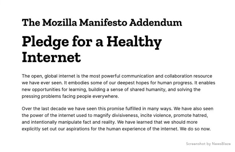 Le Manifeste Mozilla. Capture d’écran NewsBlaze.