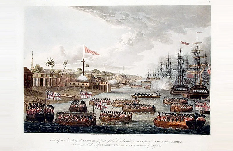 Guerre de Birmanie - Mai 1824 assaut amphibie par les forces de la Compagnie des Indes orientales sur Rangoon. Peinture de J.Moore 19ème siècle. Reproduction.