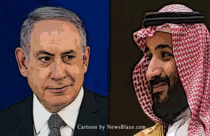 Israël et l’Arabie saoudite, Benjamin Netanyahu et Mohammed bin Salman Al Saud. Caricature de NewsBlaze.