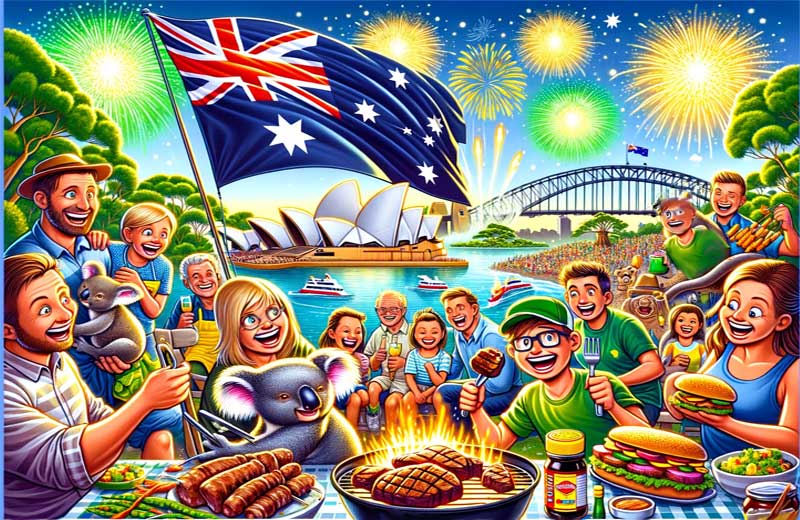 Scène de l’Australia Day 2024 animée de joie et de festivité, mettant en vedette des Australiens emblématiques en train de célébrer. Dessin animé NewsBlaze assisté par l’IA.