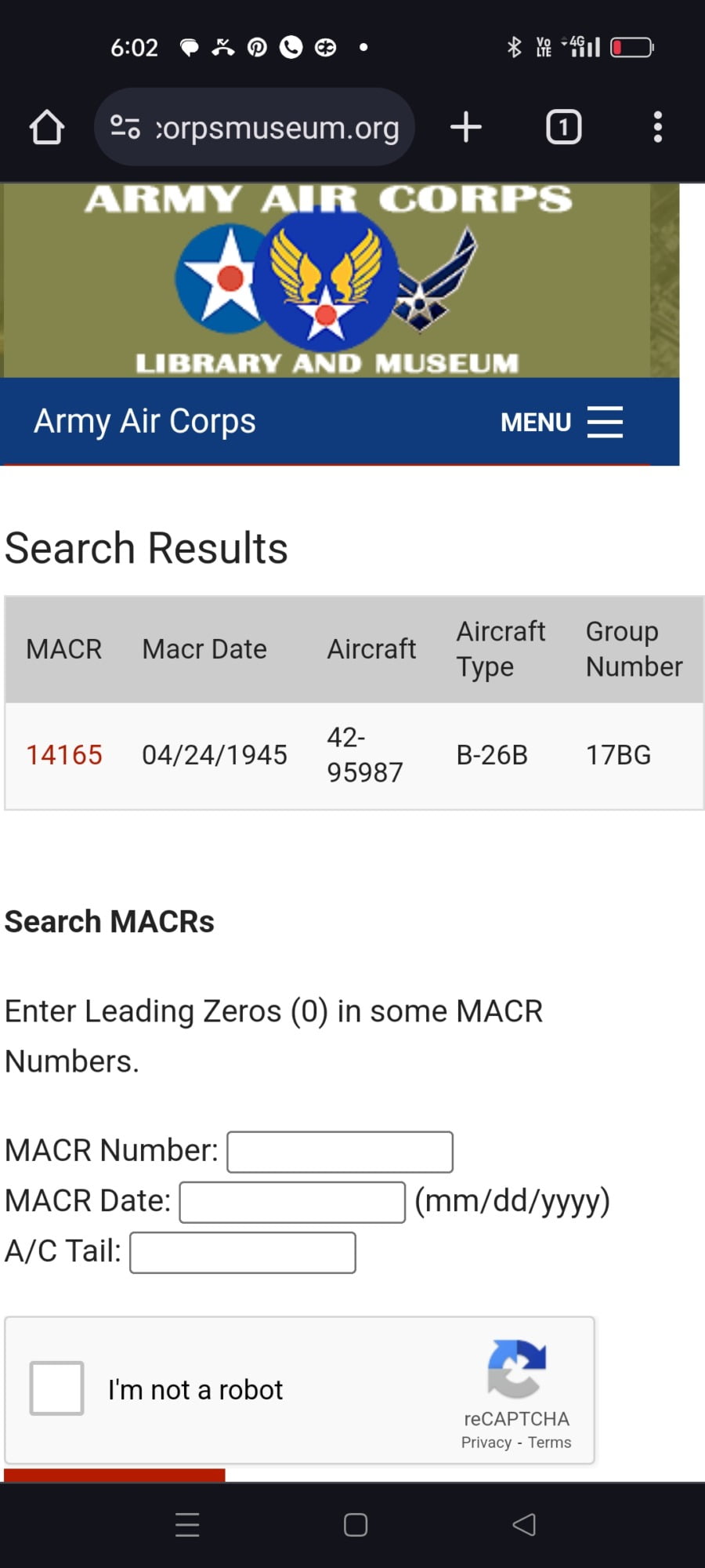 Formulaire MACR 14165, aéronef B26-B.